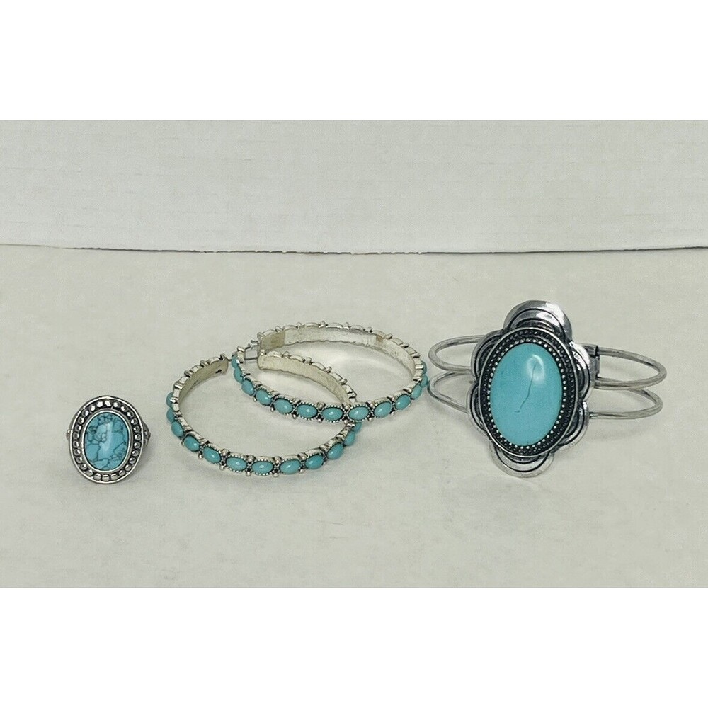 Unbranded Silver Turquoise Large Costume Ring Sz 6 Bangle Earrings Western
